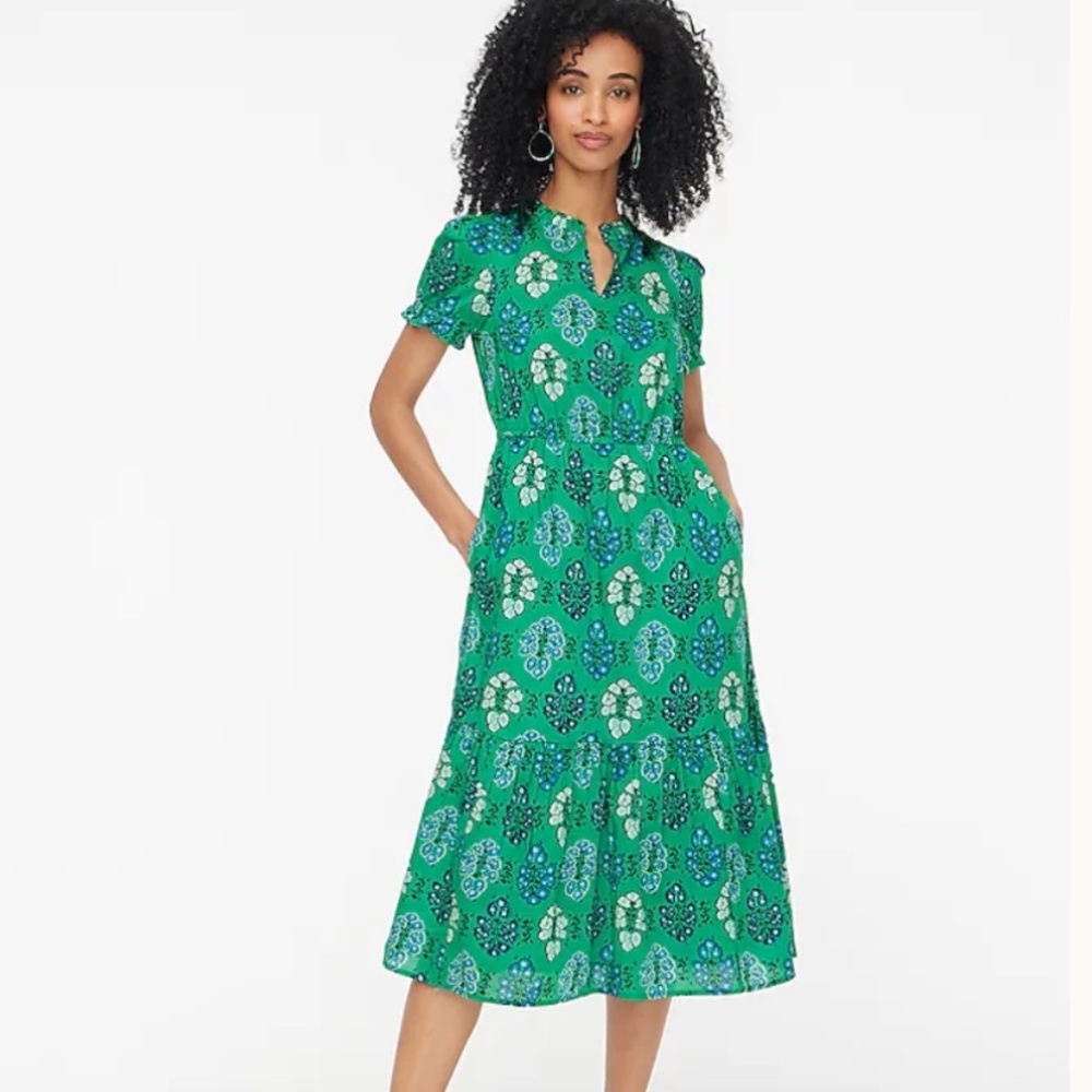 J Crew printed ruffleneck puff-sleeve midi dress Size 10 Green